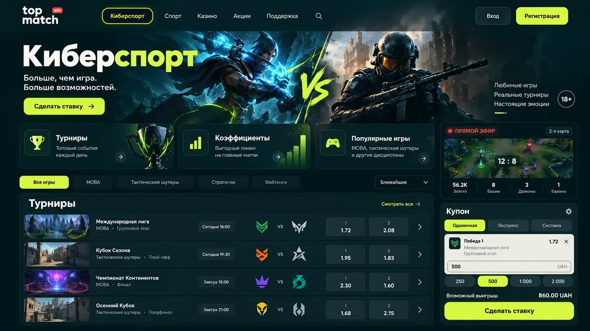 Ставки на киберспорт в Topmatch: турнирная сетка и коэффициенты на Dota 2 и CS