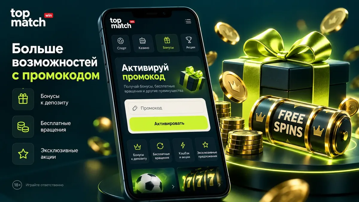Бонусная программа Topmatch: поле промокода, подарок и фриспины на экране телефона