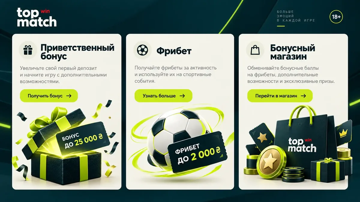 Сравнение бонусов Topmatch: приветственный процент, фрибет и бонус-шоп