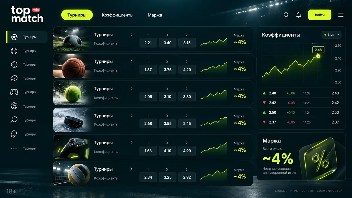 Коэффициенты на футбол в Topmatch: список лиг и маржа около 4%
