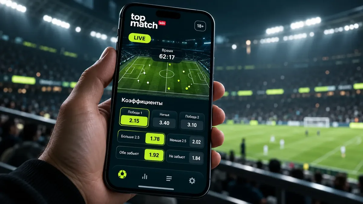 Live-ставки на футбол в Topmatch: таймер матча и обновление коэффициентов в телефоне