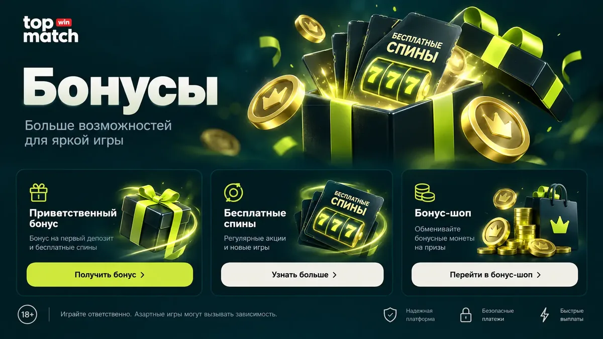 Бонусы Topmatch: приветственный пакет с фриспинами и бонус-шоп за монеты