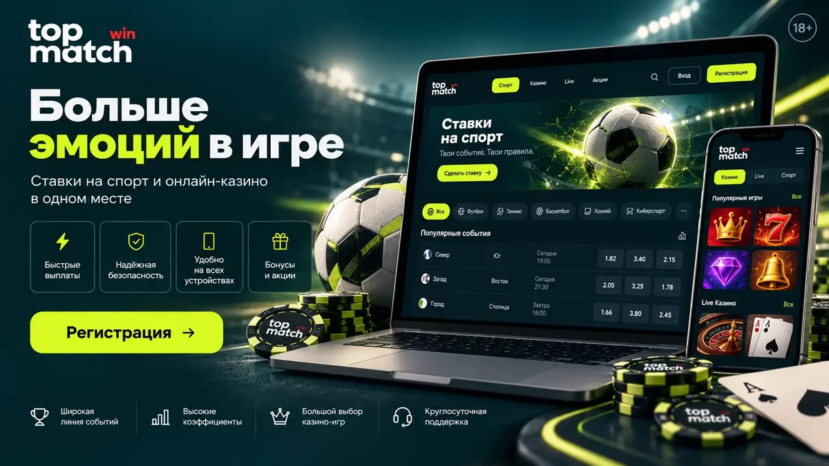 Обзор Topmatch: интерфейс платформы с казино и ставками на ноутбуке и смартфоне