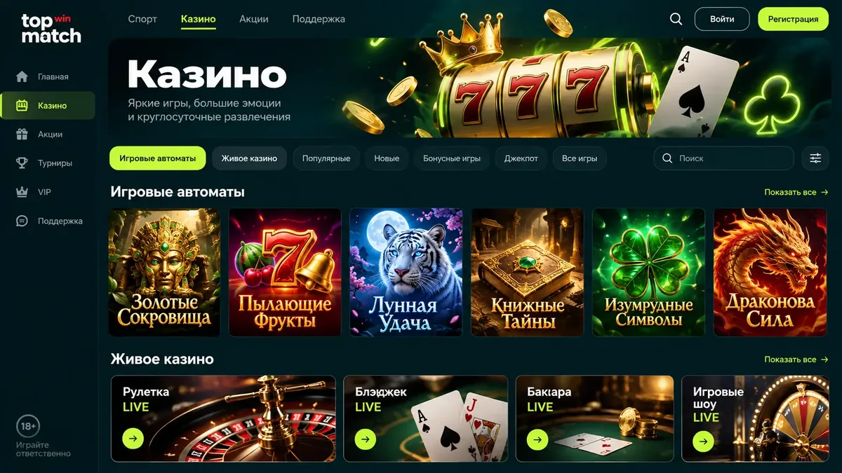 Лобби казино Topmatch: сетка слотов, live-рулетка и краш-игра