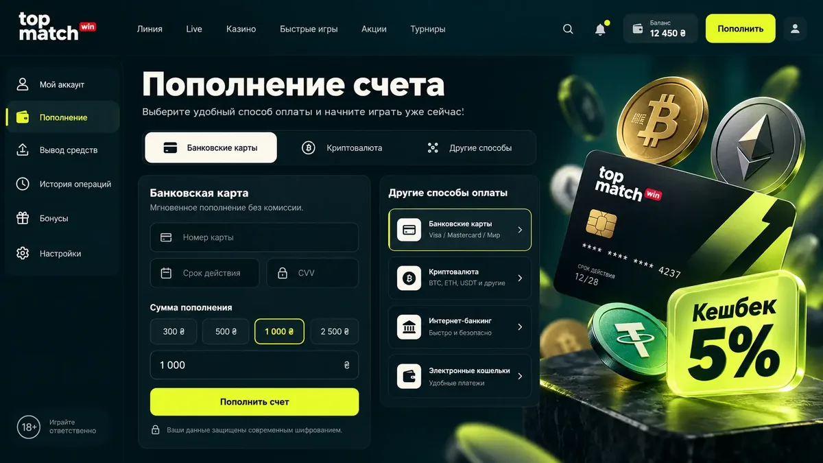 Пополнение счёта Topmatch со смартфона: карта, криптовалюта и кешбэк до 5%