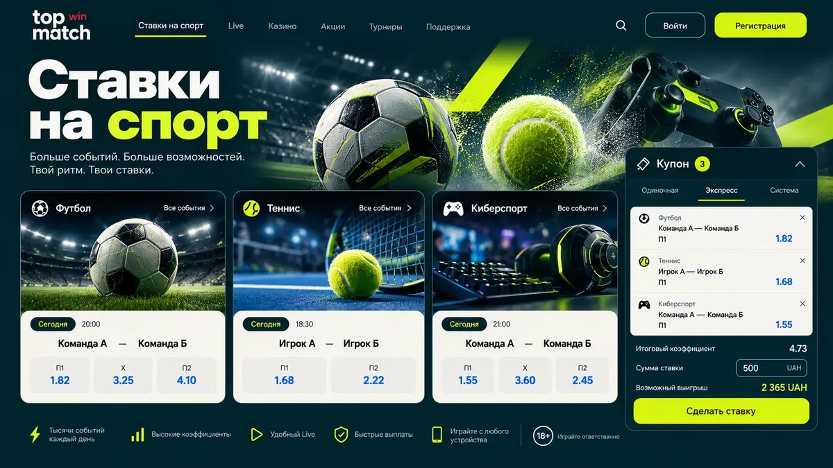 Букмекерская линия Topmatch: карточки событий, коэффициенты и купон ставки