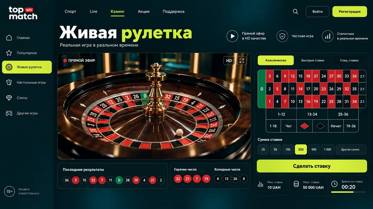 Live-казино Topmatch: дилер за столом рулетки и панель ставок в трансляции