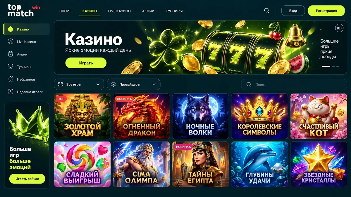 Каталог слотов Topmatch с фильтрами по провайдеру и поиском по названию
