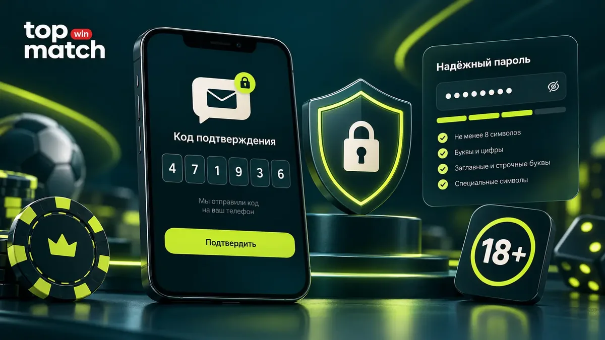 Защита аккаунта Topmatch: код двухфакторной аутентификации и индикатор надёжности пароля