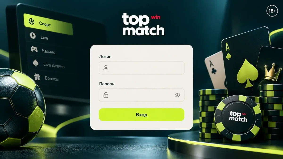 Форма входа в кабинет Topmatch: логин и пароль на экране смартфона