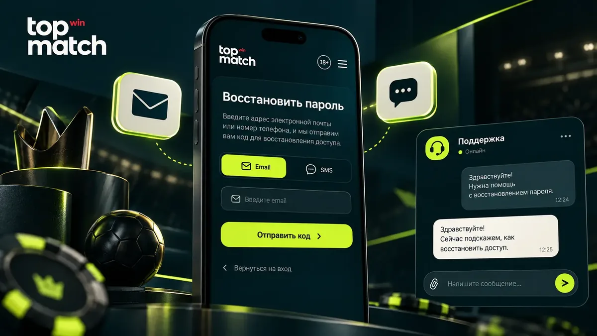 Восстановление пароля Topmatch и круглосуточный чат поддержки на смартфоне