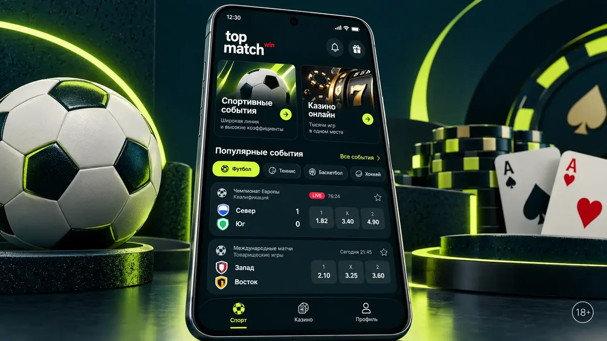 Приложение Topmatch на Android-смартфоне: главный экран с казино и ставками