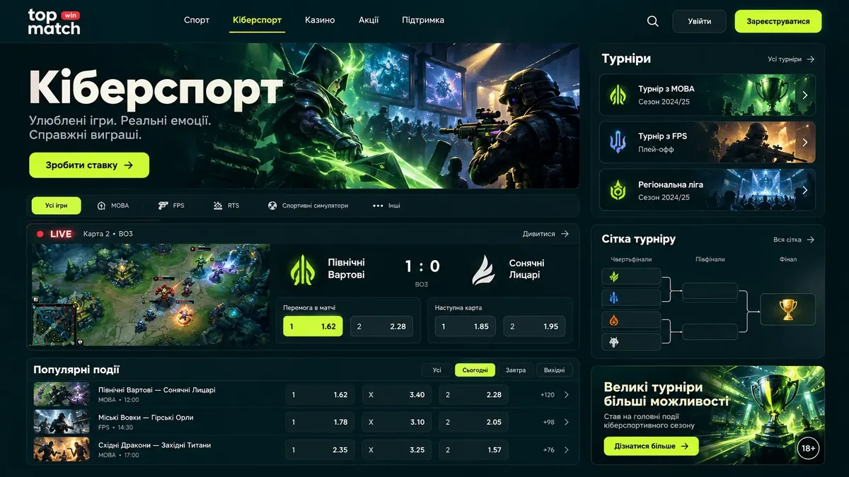 Ставки на кіберспорт у Topmatch: турнірна сітка й коефіцієнти на Dota 2 та CS