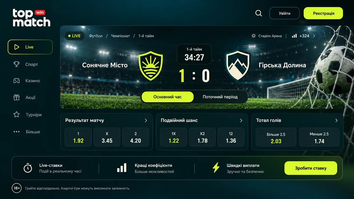 Live-ставки Topmatch: матч у прямому ефірі з таймером і змінними коефіцієнтами