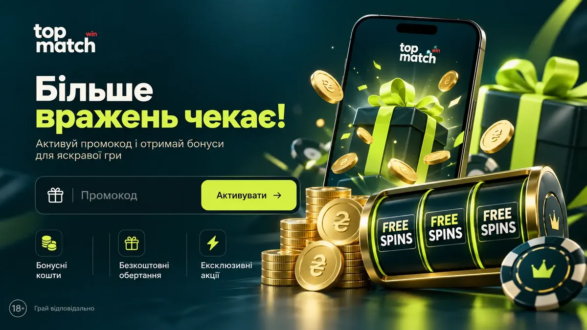 Бонусна програма Topmatch: поле промокоду, подарунок і фріспіни на екрані телефона