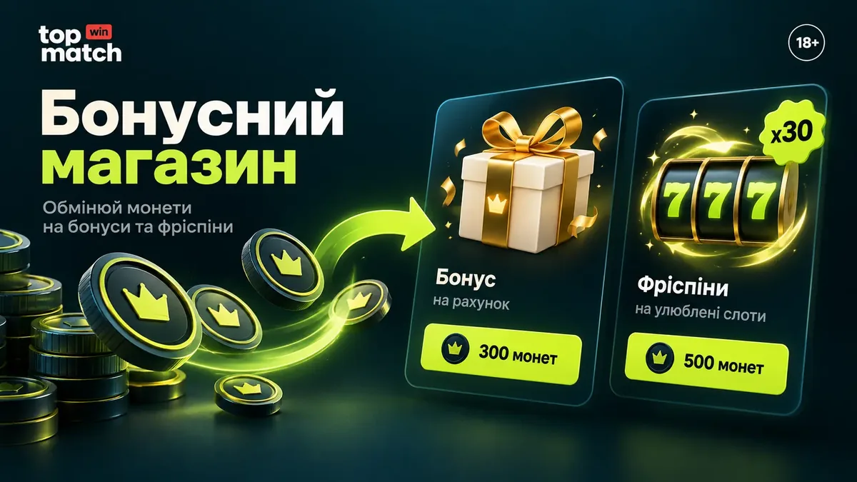 Бонус-шоп Topmatch: обмін монет на бонуси та фріспіни з вейджером ×30