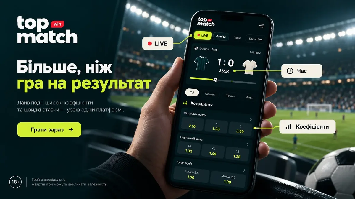 Live-ставки на футбол у Topmatch: таймер матчу й оновлення коефіцієнтів у телефоні