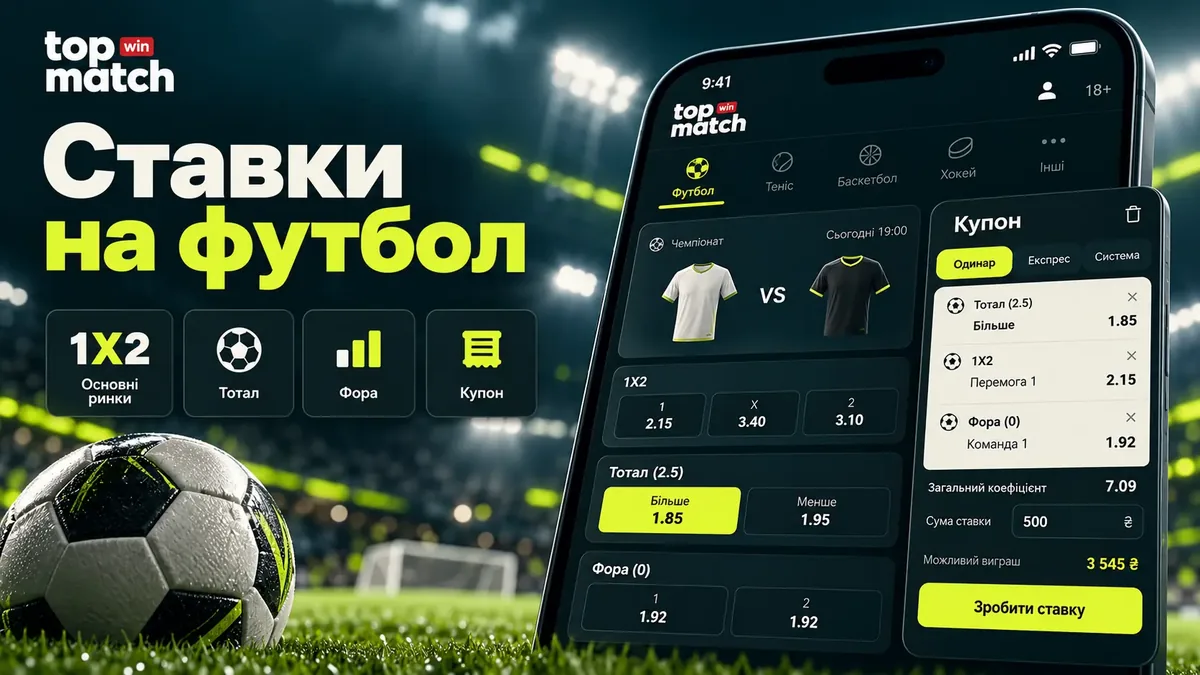 Ставка на футбол у Topmatch: картка матчу з ринками 1X2, тотал і фора в купоні