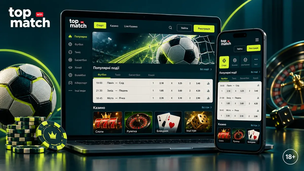 Огляд Topmatch: інтерфейс платформи з казино і ставками на ноутбуці та смартфоні