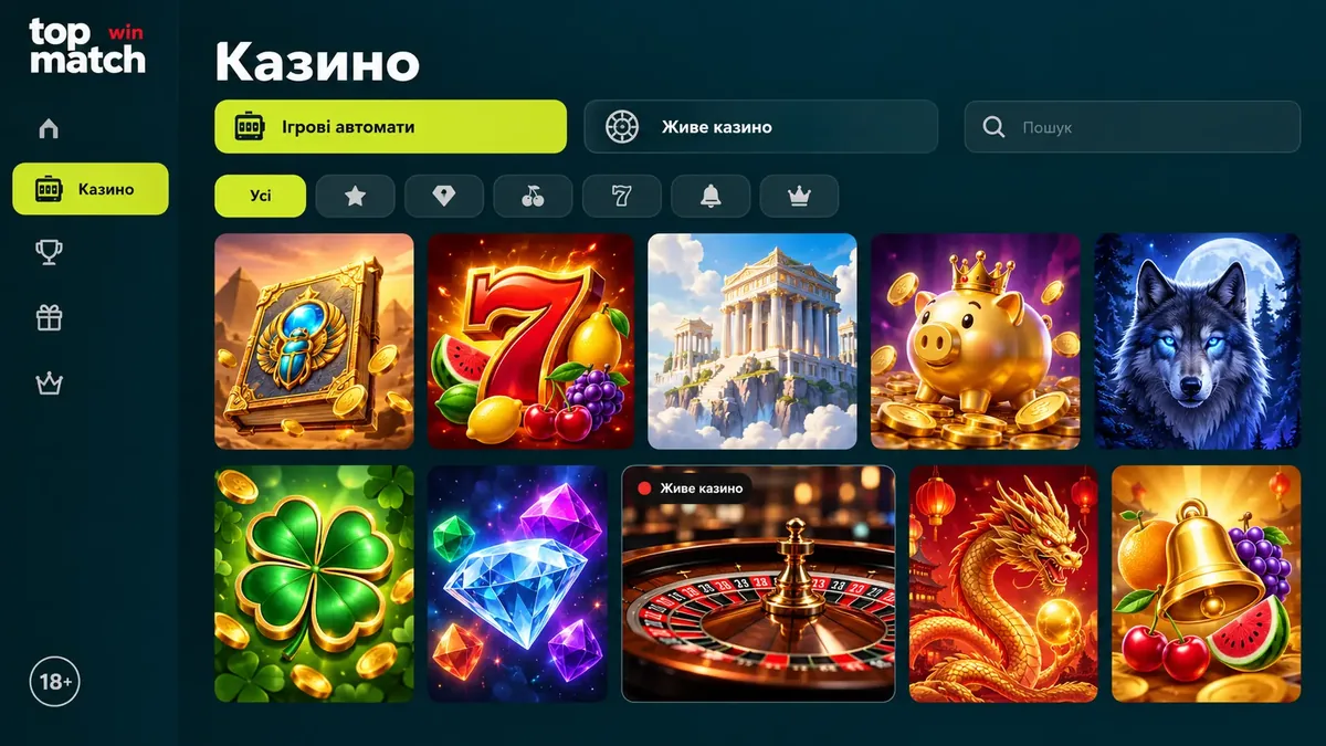 Лобі казино Topmatch: сітка слотів, live-рулетка та краш-гра