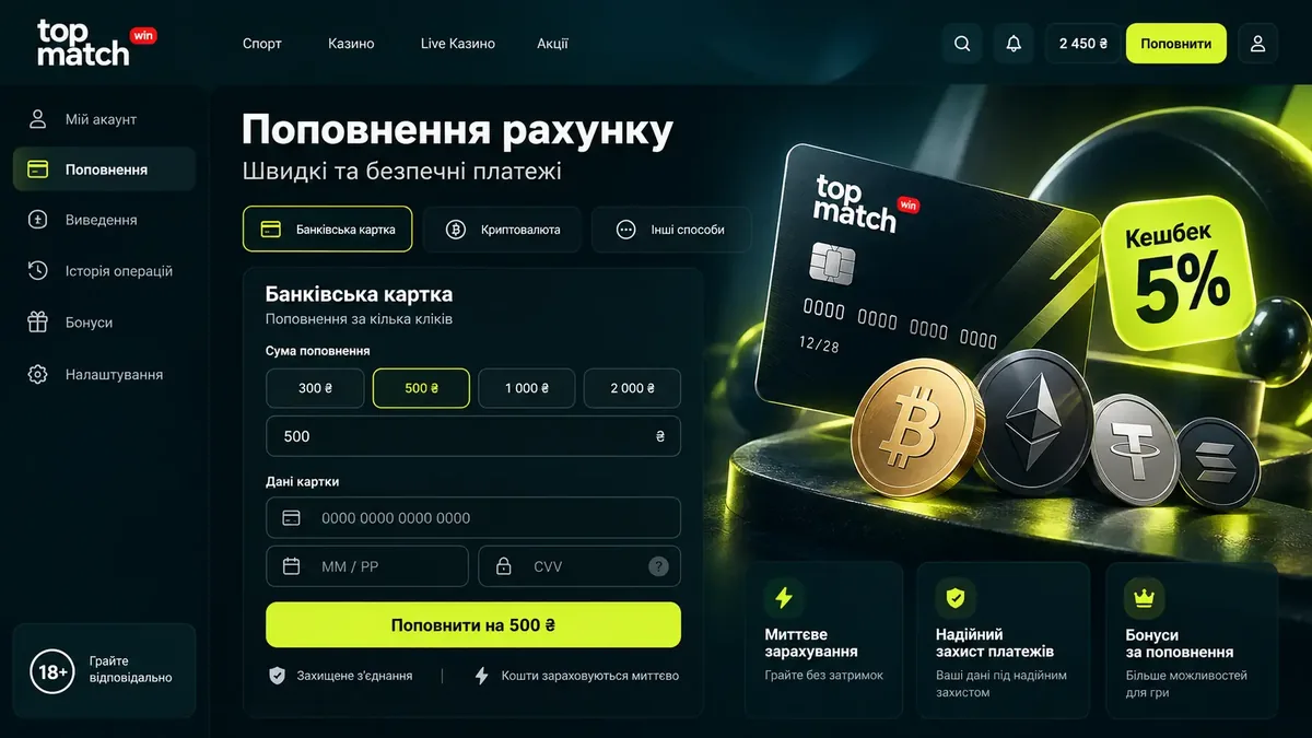 Поповнення рахунку Topmatch зі смартфона: картка, криптовалюта й кешбек до 5%