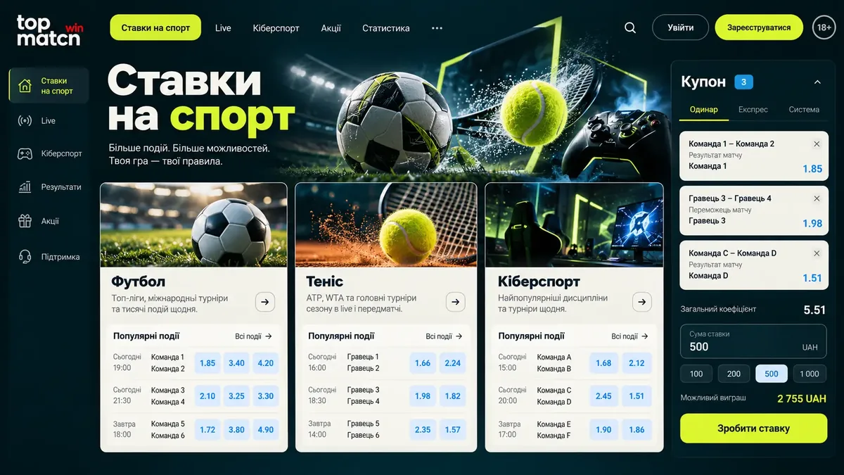 Букмекерська лінія Topmatch: картки подій, коефіцієнти й купон ставки