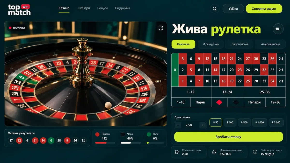 Live-казино Topmatch: дилер за столом рулетки та панель ставок у трансляції