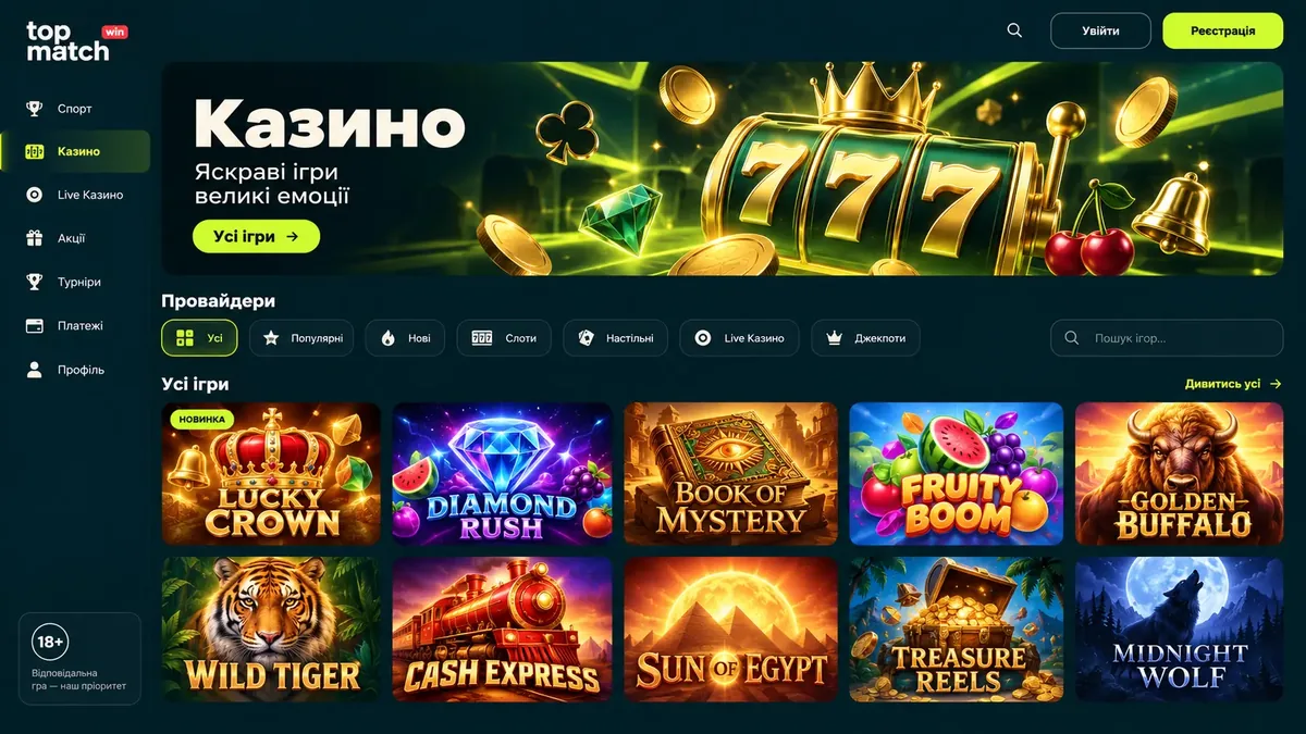 Каталог слотів Topmatch з фільтрами за провайдером і пошуком за назвою