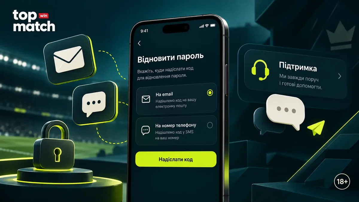 Відновлення пароля Topmatch і цілодобовий чат підтримки на смартфоні