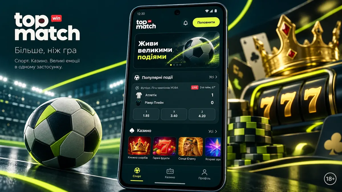 Застосунок Topmatch на Android-смартфоні: головний екран з казино і ставками